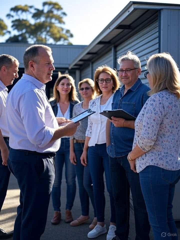 A group of people standing around a man at a Sydney storage auction